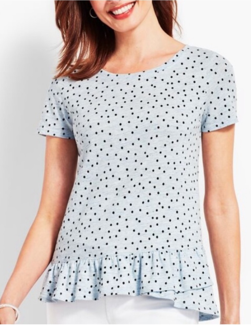 Talbots Martinique Dot T Shirt Ruffle Hem Light Blue Size Medium Linen Cotton